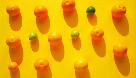 Oranges and limes on a bright yellow surface casting shadowsの写真素材