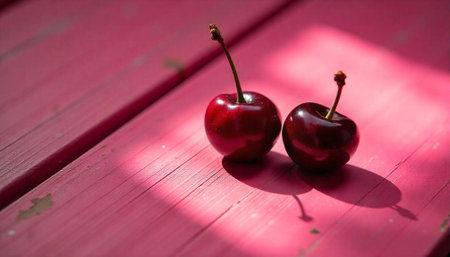Two cherries on a pink wooden surface with shadowsの写真素材