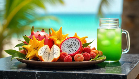 Tropical fruit arrangement on plate with refreshing drink backgroundの写真素材