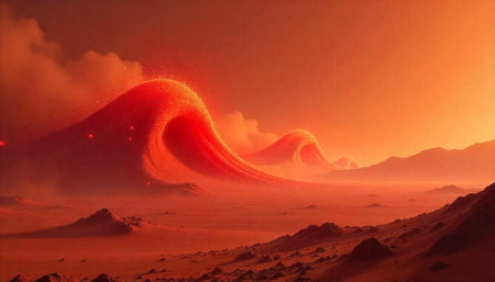 Surreal orange desert landscape with abstract wave formations