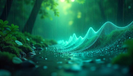 Abstract green forest stream with glowing frequency lines in rain