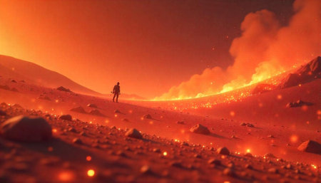 Man on Mars with fire landscape and dunesの写真素材