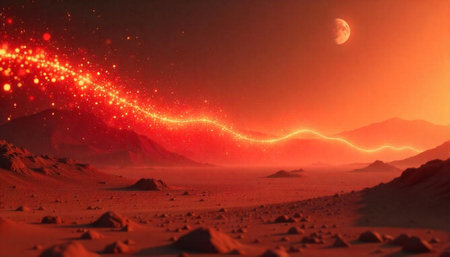 Martian landscape with glowing river and planetary moon