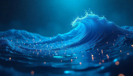 Surreal wave scene with glowing particles in blue tonesの写真素材