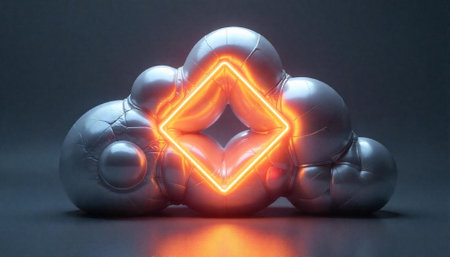 Abstract silver structure with glowing orange square neon light