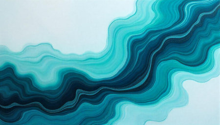 Abstract teal wave painting with fluid lines on canvas