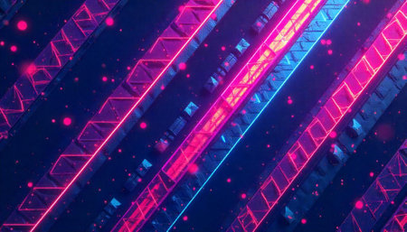 Abstract geometric neon lines with textured surfaces and particlesの写真素材