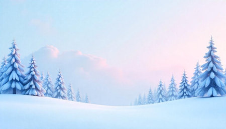 Serene winter landscape with snow-covered trees and pastel skyの写真素材