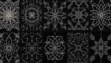 Assorted geometric floral patterns in black and white gridの写真素材