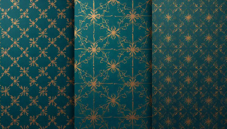 Three variations of vintage floral pattern, emerald and goldの写真素材