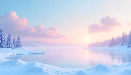 Peaceful winter landscape with snow covered trees and lakeの写真素材