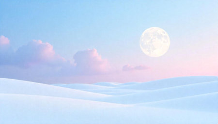 Moonlit snowy dunes against soft pastel sky backdrop imageの写真素材