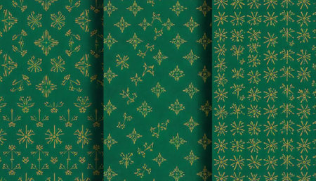 Green and gold ornate pattern with botanical and star shapes