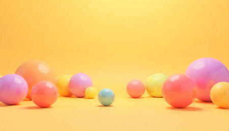 Pastel color sphere arrangement on yellow background with copy spaceの写真素材
