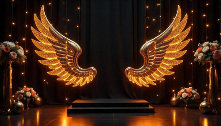 Golden wings centerpiece with floral decor and dark backdropの写真素材