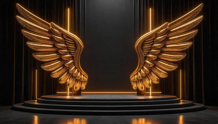 Dramatic golden wings on black stage with neon accentsの写真素材