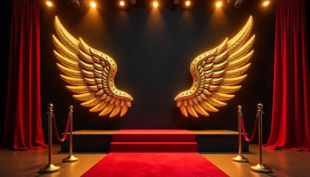 Stage with golden wings, red carpet and velvet ropesの写真素材