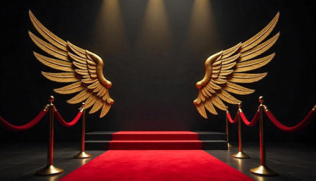 Dramatic entrance with red carpet, golden wings background