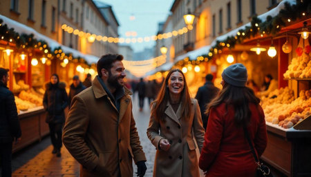 Friends enjoying a Christmas market in a snowy city