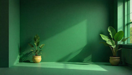Monochromatic green interior with houseplants and natural lightの写真素材