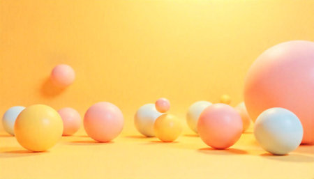 Pastel Spheres Abstract Composition on Yellow Background Still Lifeの写真素材