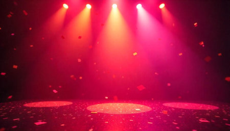 Illuminated Stage with Confetti and Bright Spotlight Beamsの写真素材
