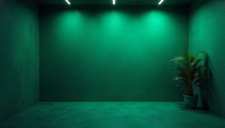 Green room with plant and neon strip lights studioの写真素材