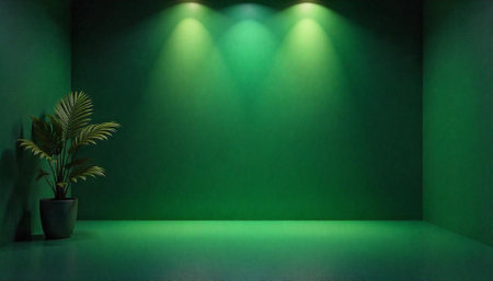 Green room with plant and spotlight for product placementの写真素材