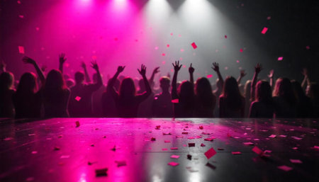 Crowd celebrating at concert with confetti and pink lighting