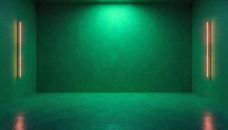 Green room illuminated by neon lights, minimalist designの写真素材