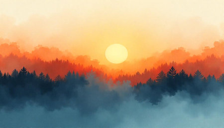 Abstract landscape with forest and sun in warm lightの写真素材