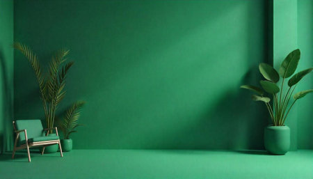 Serene green room interior featuring chair and potted plantsの写真素材