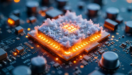 Detailed macro shot of a circuit board with snow