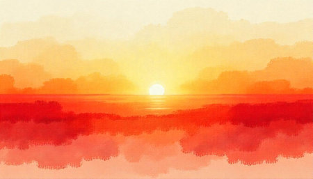 Warm sunrise over the ocean with soft cloud formationsの写真素材