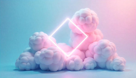 Abstract clouds with glowing square on light blue backgroundの写真素材