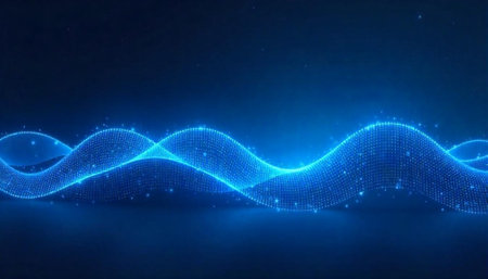 Abstract digital blue waves with glowing particles on dark background