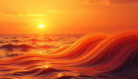 Golden sunset over ocean waves creates tranquil abstract landscapeの写真素材