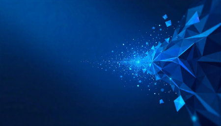 Abstract blue polygonal background with glowing particles and shapes