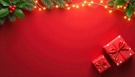 Festive Christmas background with gifts, lights, and greeneryの写真素材
