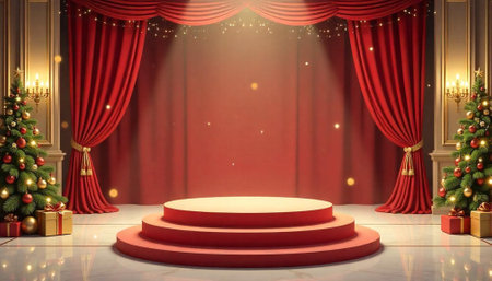 Festive Christmas stage with red curtain and podium displayの写真素材