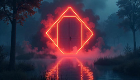 Neon door in forest leading to fantasy world