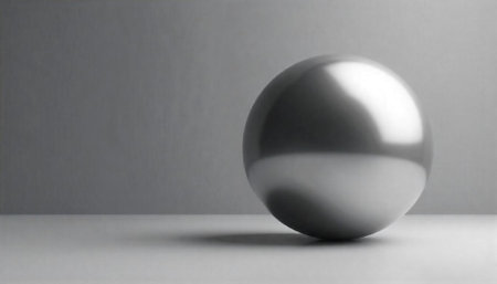 Silver sphere on white surface in a grey backgroundの写真素材