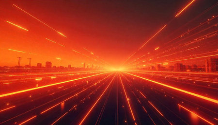 Futuristic cityscape with vibrant streaks of light speed