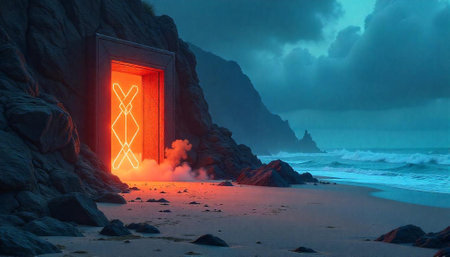 Mystical portal on rocky beach with neon light symbol