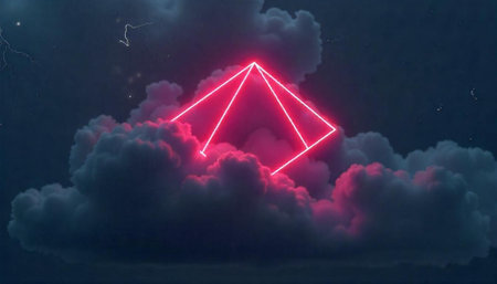Neon Pyramid Floating Above Dark Cloudy Sky With Lightning