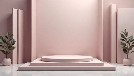 Minimalist pink podium with plants for product showcaseの写真素材
