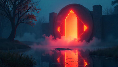 Glowing portal in misty forest lake at dusk scenery