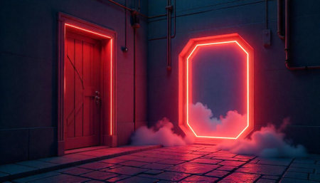 Neon door and portal with smoke-filled ambiance visual