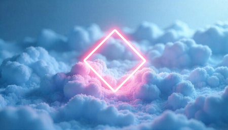 Dreamy cloudscape with a vibrant neon pink square frame