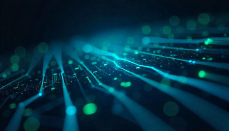 Abstract technology network with light streaks and bokeh effects